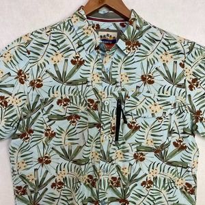 PRNTD Button Up Shirt‎ short Sleeve Allover Tropical Pattern Blue Size Large
